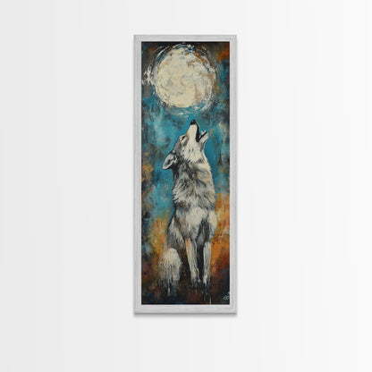 Full Moon Howling Wolf Canvas Print moody art, celestial wall art, nighttime painting, rustic decor, mountain painting, above bed wall art, blue and green wall art, bedroom art, southwest wall art