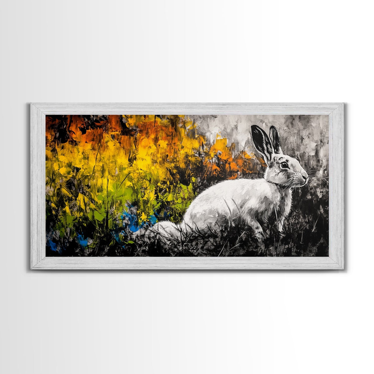 White Rabbit, whimsical art, forest at dusk painting, rustic wall art, farmhouse art, wildflower painting, Framed Canvas Print, cozy decor