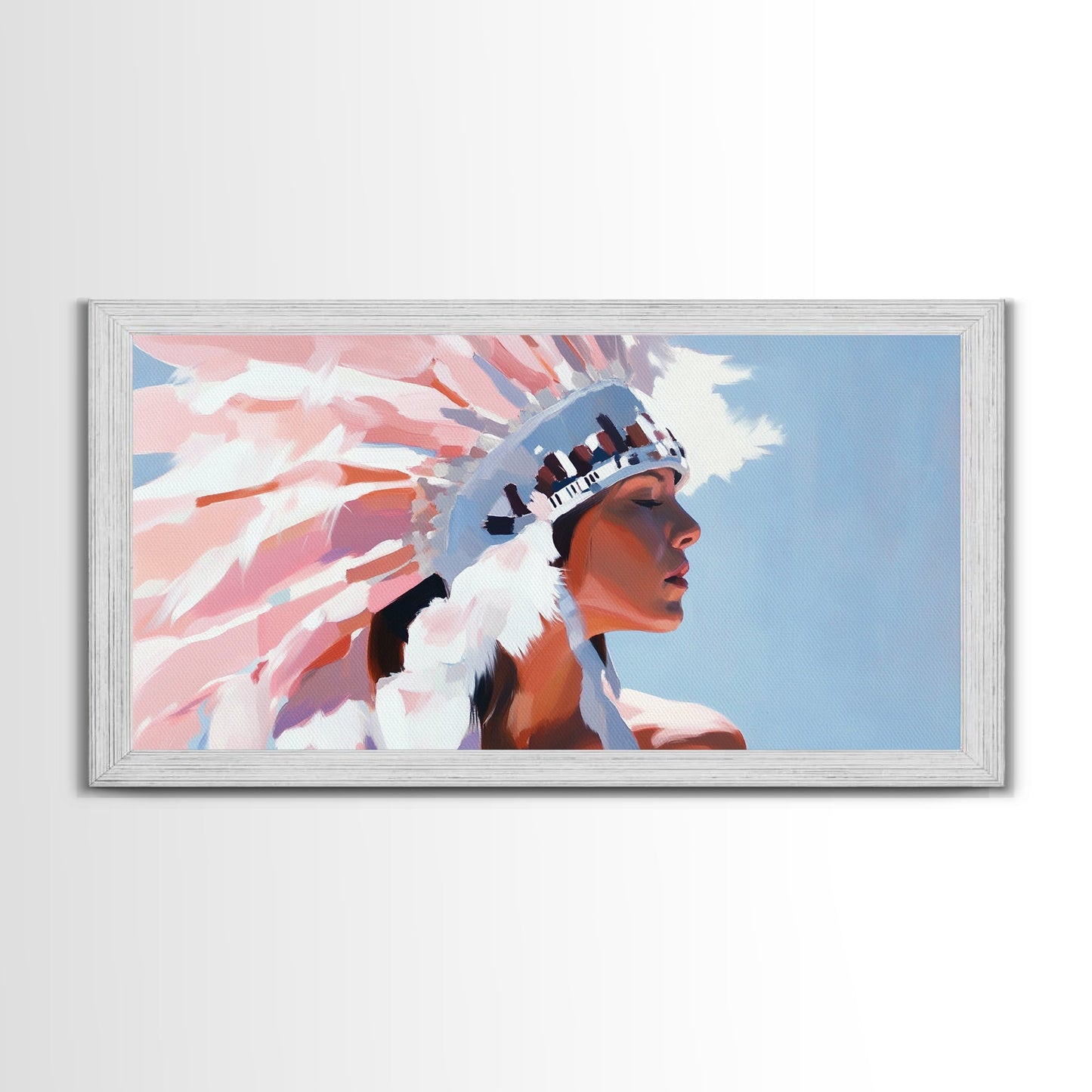 Native American Art, Woman in Headdress, Southwest Wall Art, Cultural Portrait, Framed Canvas Print, Extra Wide Art, Rustic Decor