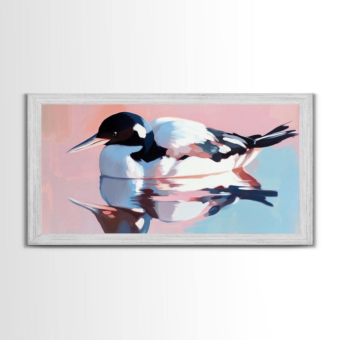 Waterfowl Reflection, bird art, lake Tahoe art, coastal painting, wildlife decor, pink orange wall art, framed canvas print