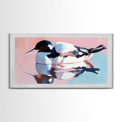 Waterfowl Reflection, bird art, lake Tahoe art, coastal painting, wildlife decor, pink orange wall art, framed canvas print