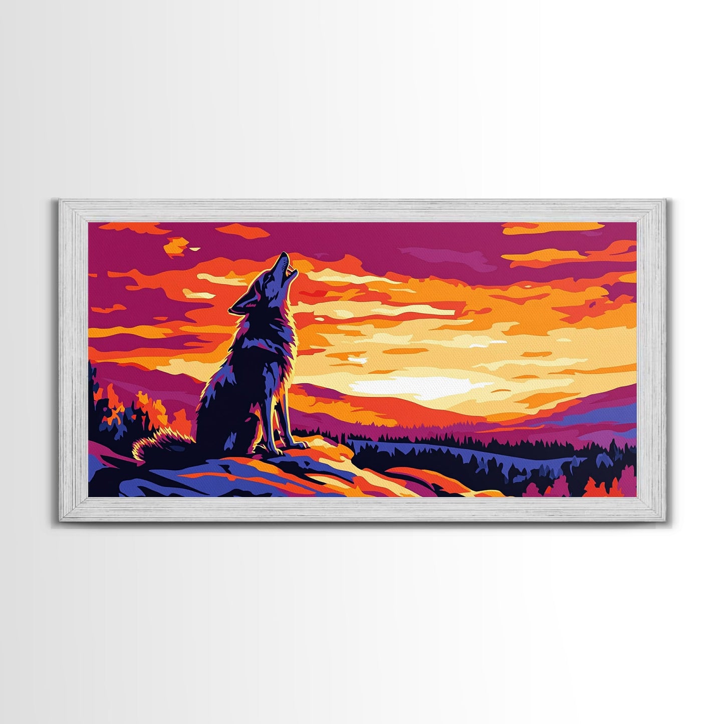 Howling Wolf, mountain painting, pine tree art, rustic decor, panoramic painting, southwest wall art, landscape painting, Canvas Print, gift
