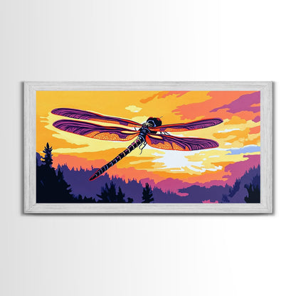 Dragonfly Glow, whimsical art, nature painting, wildflower painting, botanical prints, pink orange wall art, framed canvas print