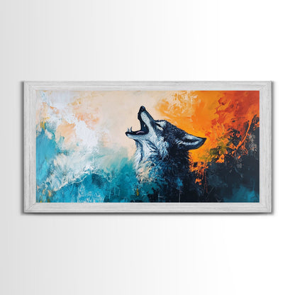 Howling Wolf Art, Framed Canvas Print, Southwest Wall Art, Moody Art, Rustic Decor, Extra Wide Art, Above Couch Art, Wildlife Painting