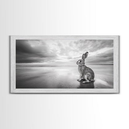 Rabbit Beach, whimsical art, coastal decor, animal painting, nature wall art, moody art, soft neutral tones, beach photography, Canvas Print