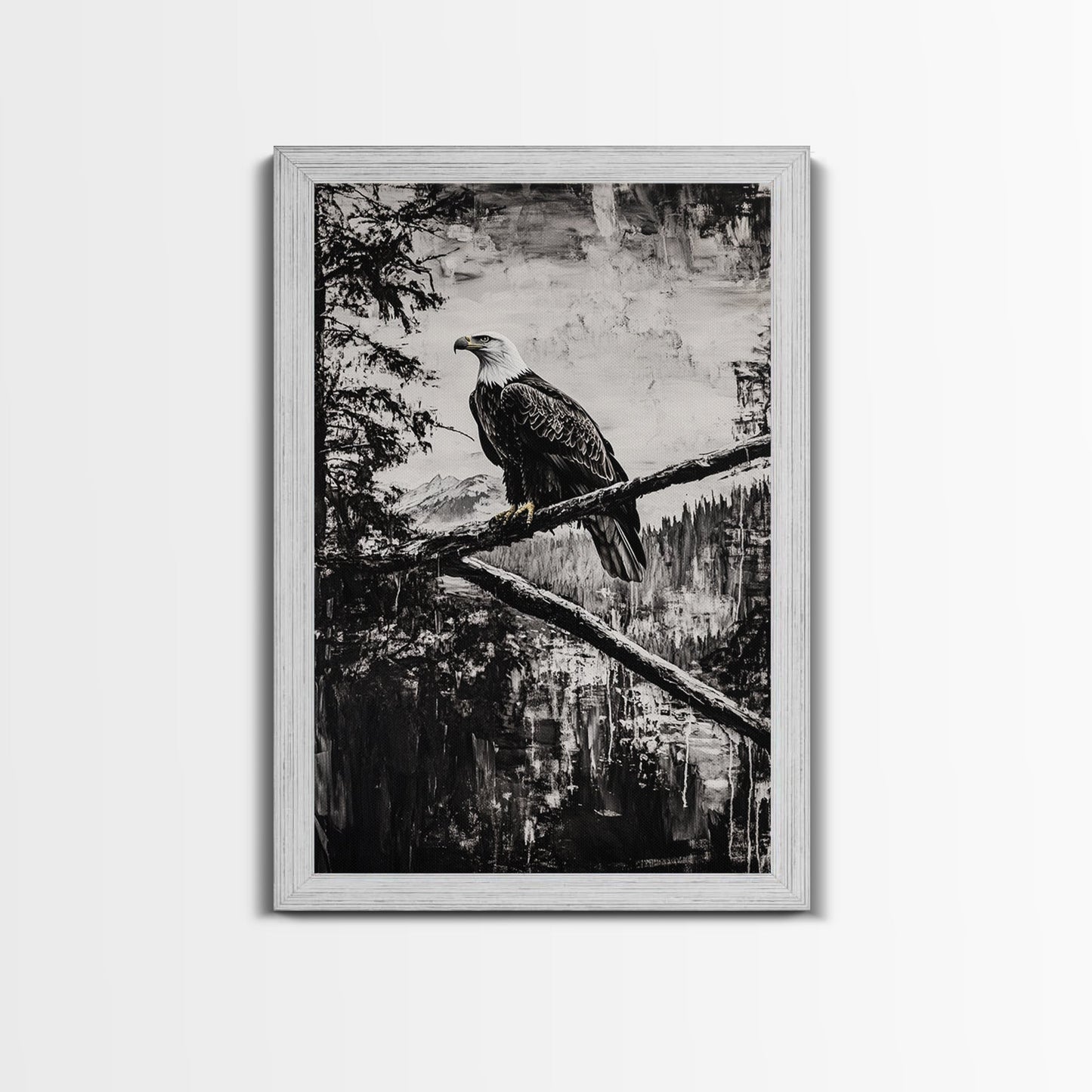 Bald Eagle, majestic bird, black and white, rustic decor, wildlife painting, nature art, framed canvas print, farmhouse wall art