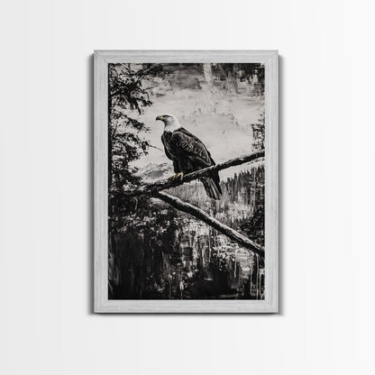 Bald Eagle, majestic bird, black and white, rustic decor, wildlife painting, nature art, framed canvas print, farmhouse wall art