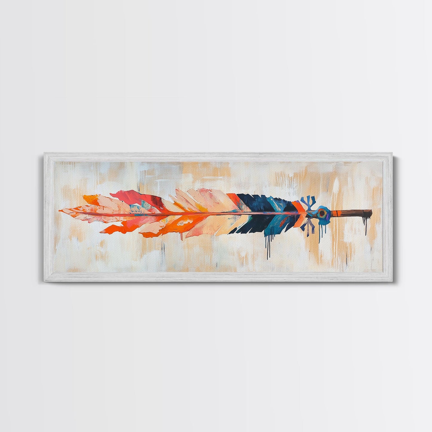 Colorful feather, native art, southwestern decor, rustic wall art, boho art, framed canvas print, extra wide art, tribal painting