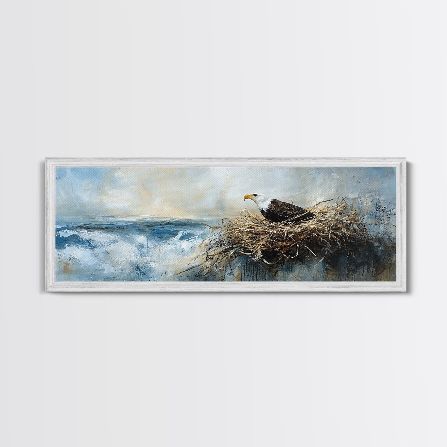 Eagle Nest, bird art, wildlife painting, coastal wall art, seascape painting, moody art, extra wide art, framed canvas print, above sofa art