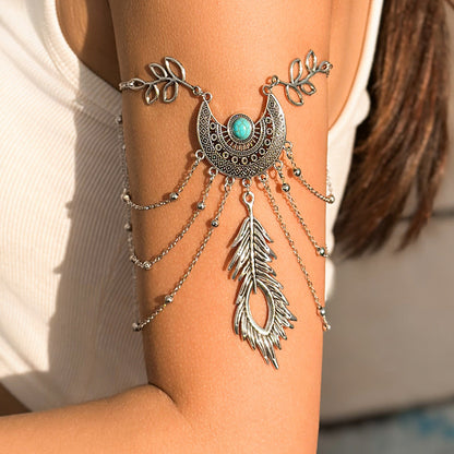 Bohemian metal chain jewelry arm chain punk retro dream catcher net leaf tassel open arm bracelet