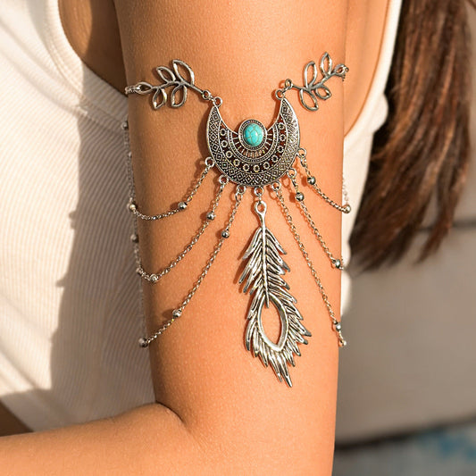 Bohemian metal chain jewelry arm chain punk retro dream catcher net leaf tassel open arm bracelet