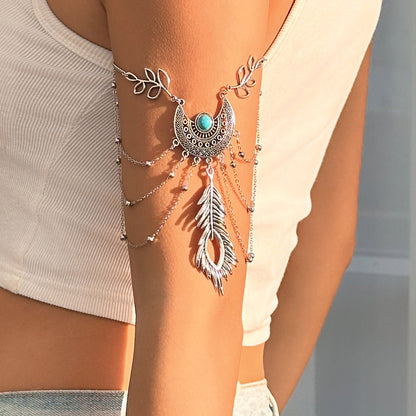 Bohemian metal chain jewelry arm chain punk retro dream catcher net leaf tassel open arm bracelet