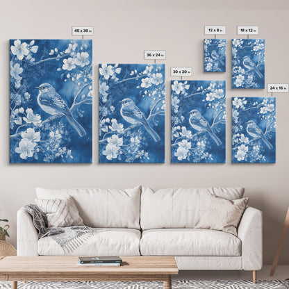 Blue Botanial Wall Art Chinoiserie Wall Art, White Bird, Blue Chinoiserie Home Decor, Botanical Print, Bird Painting, Ready To Hang