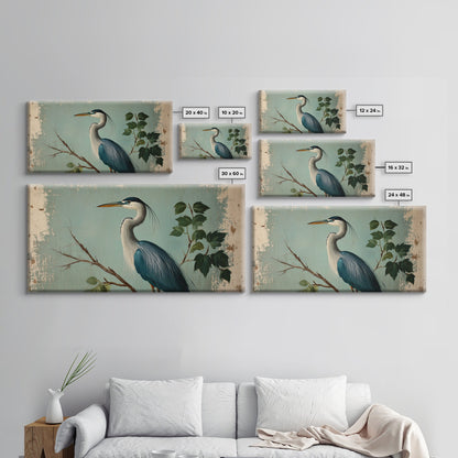 Funky Painting Print of a Blue Heron, Framed Canvas Print, Ready To Hang Wall Art, Great Blue Heron, Extra Large Bird Picture Painting