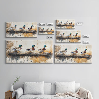 Rustic Duck Painting Canvas Print, 3 Ducks On A Log, Framed Canvas Nature Painting, Landscape Painting, Nature Art, Meadow Painting Cabin Art