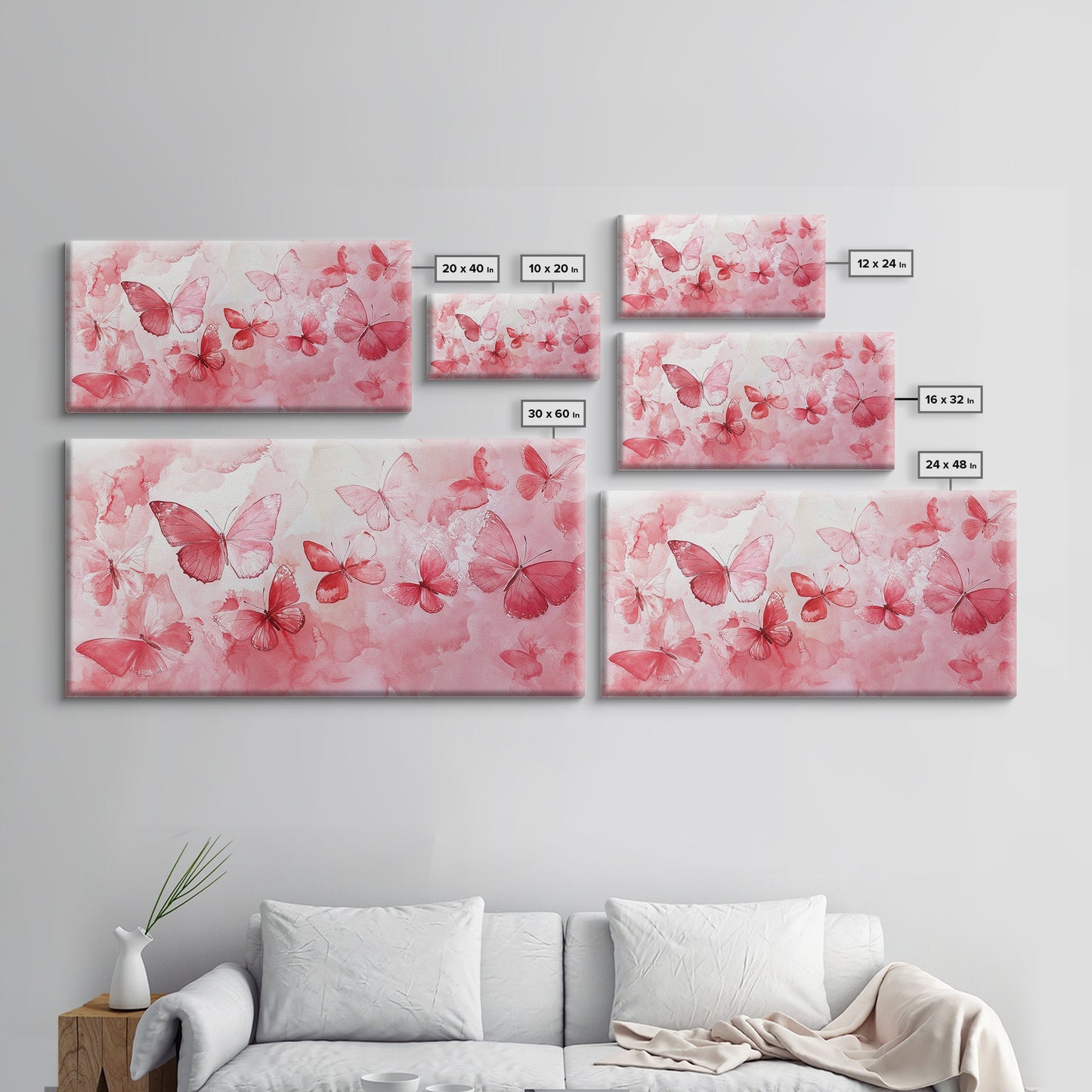 Pink Butterfly Collection Illustration in Whimsical Wall Art Style on Framed Canvas Print, Feminine Bedroom or Living Room Decor