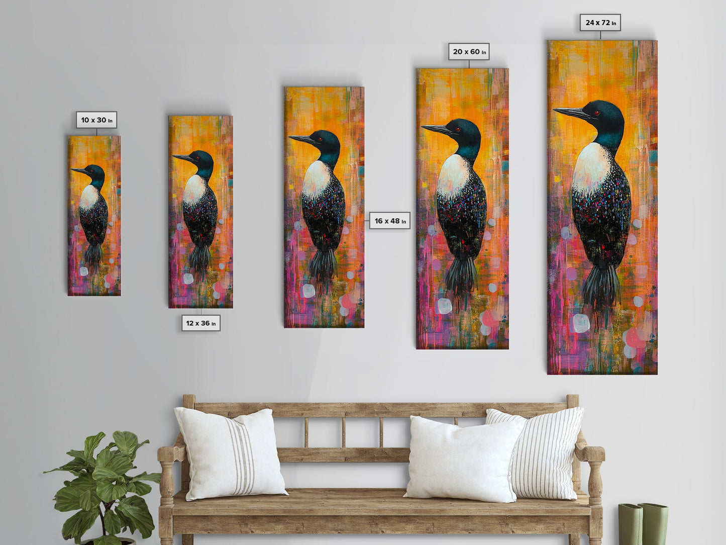 Loon painting, bird art, whimsical art, colorful art, tall narrow art, framed canvas print, moody art, bedroom decor, modern style