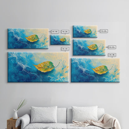 Leaf in Water, blue and green wall art, coastal decor, wabi sabi art, extra wide art, panoramic painting, Canvas Print, gift idea
