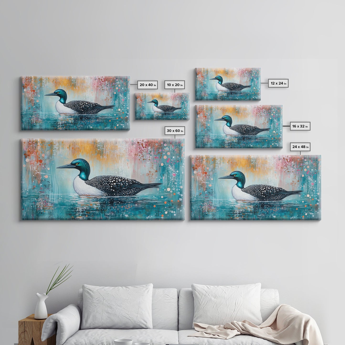 Loon Swimming Art, bird art, teal wall art, nature painting, lake decor, moody art, framed canvas print, rustic wall art