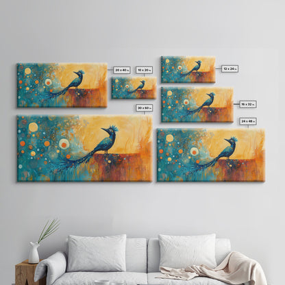 Whimsical Bird Art, Peacock Wall Art, Surreal Painting, Colorful Wall Art, Boho Art, Fantasy Art, Extra Wide Art, Framed Canvas Print