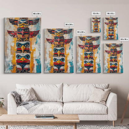 Totem Pole Art Framed Canvas Print Rustic Wall Decor Native American Art Tribal Home Decor Lodge Artwork Cabin Wall Art Southwest Boho