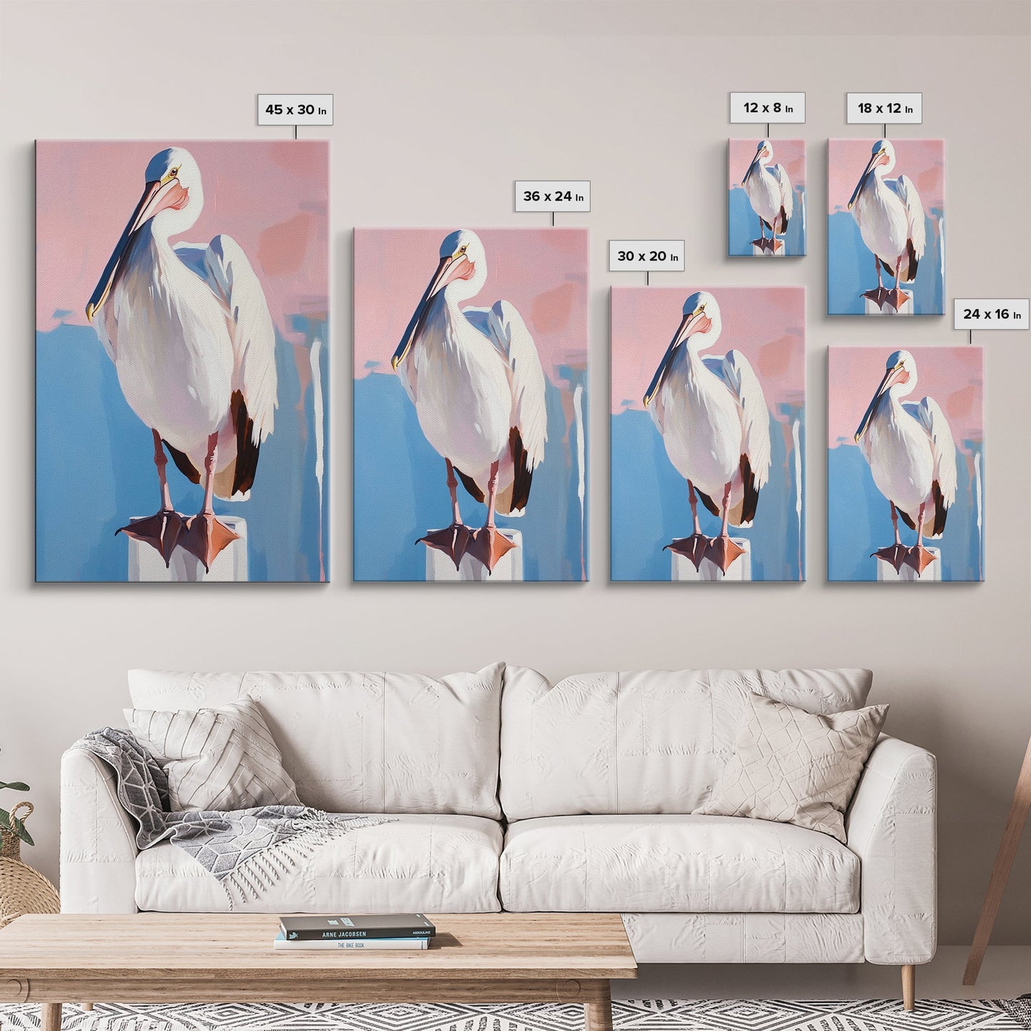 White Pelican, Coastal, Bird Art, Pastel, Beach House, Nature, Wildlife, Serenity, Aesthetic, Light Blue, Living Room, Canvas Print