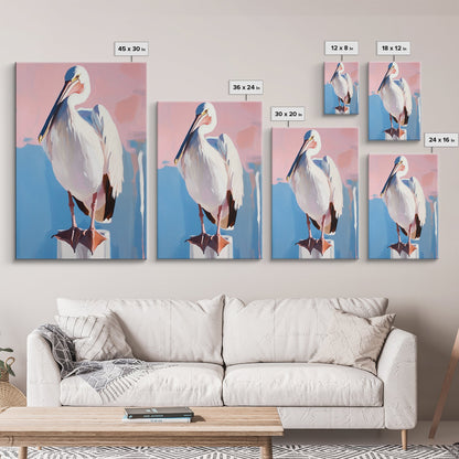 White Pelican, Coastal, Bird Art, Pastel, Beach House, Nature, Wildlife, Serenity, Aesthetic, Light Blue, Living Room, Canvas Print