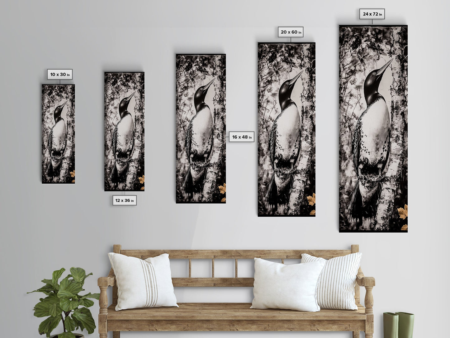 Loon and Birch, Woodland Wildlife Art, Black and White Bird Print, Canvas Print, Rustic Cabin Decor, Nature Inspired Wall Art