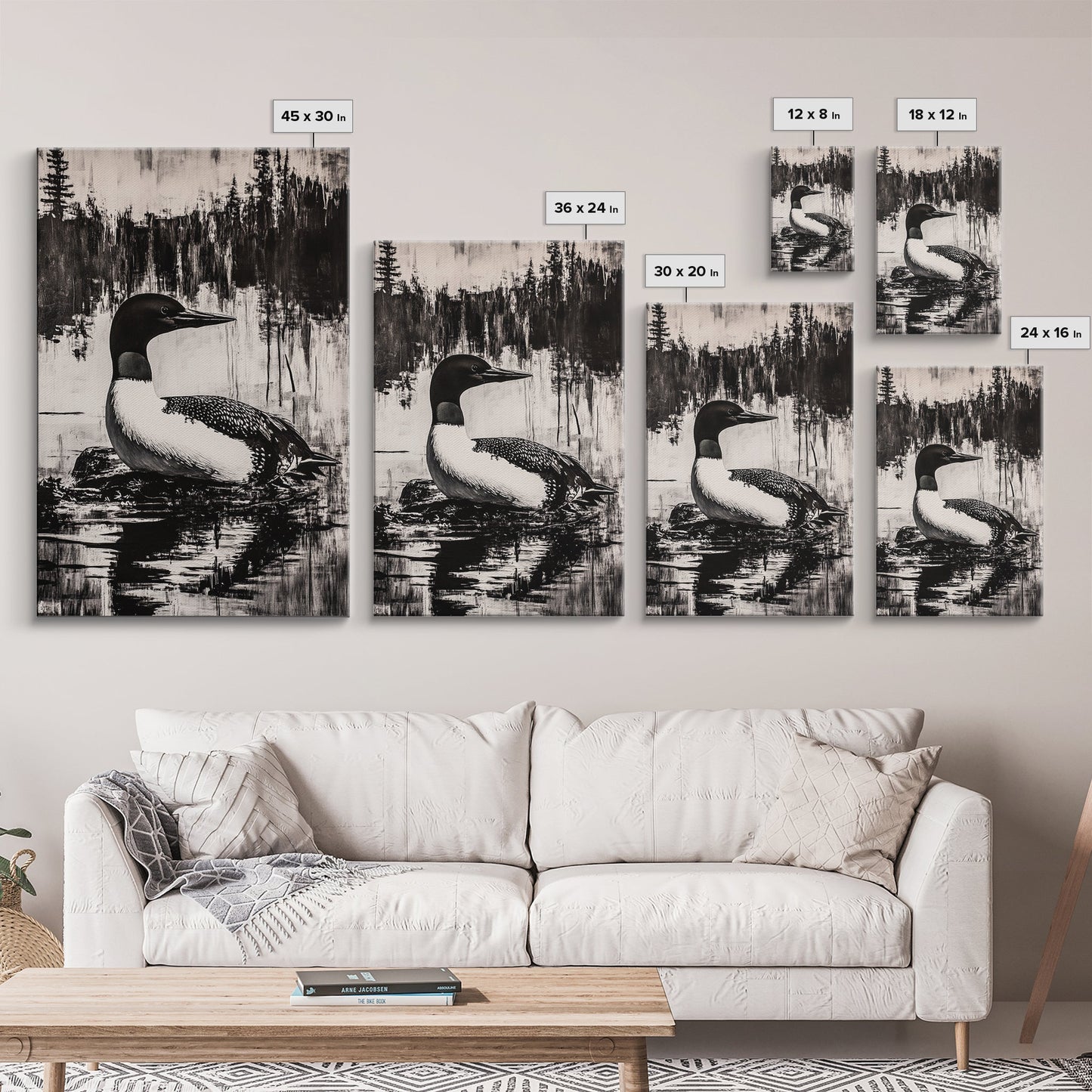Loon, Lake Reflection, Nature Wall Art, Framed Canvas Print, Black and White Art, Minimalist Decor, Cabin Wall Art, Rustic Home