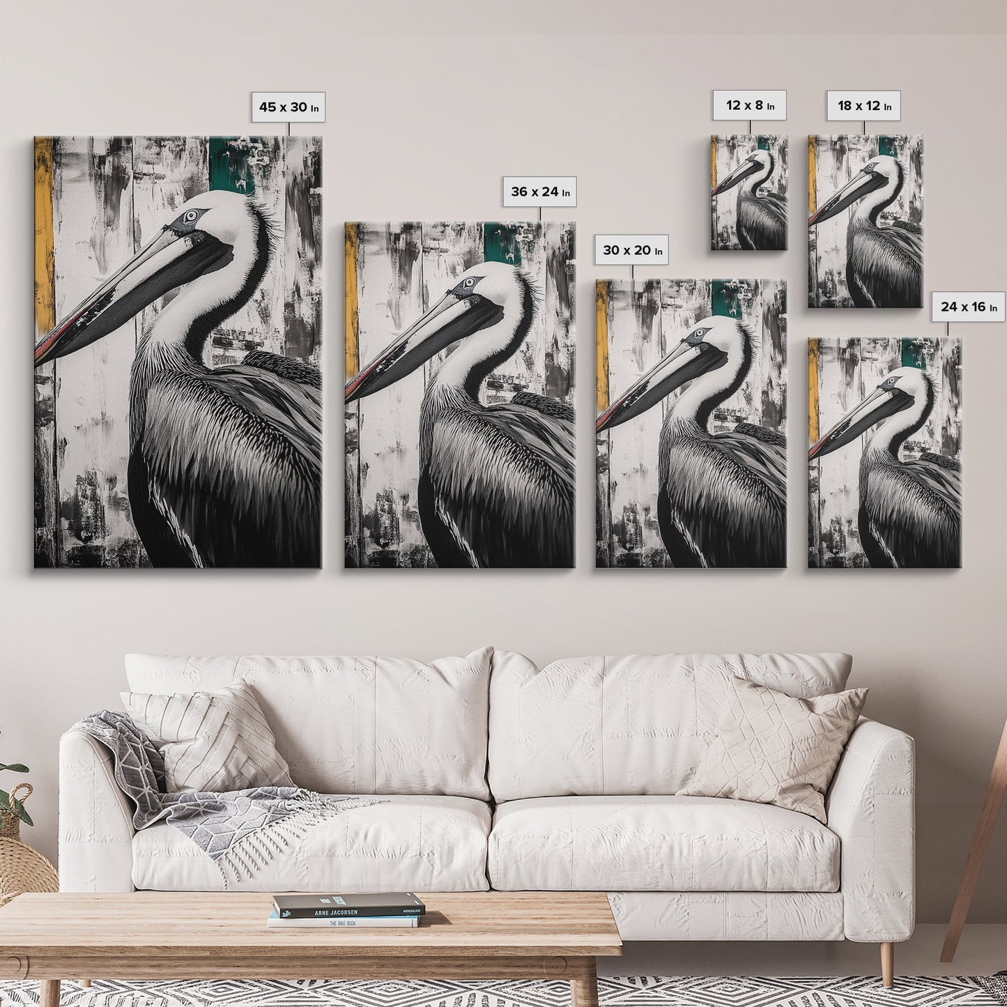 Pelican Portrait, wildlife wall art, coastal nature painting, black and white bird decor, modern beach house print, framed canvas print