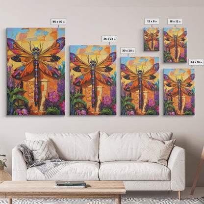 Dragonfly Floral, Bold, Nature, Framed Canvas Print, Boho dragonfly wall art, vivid nature insect painting, Bathroom or Entryway Art