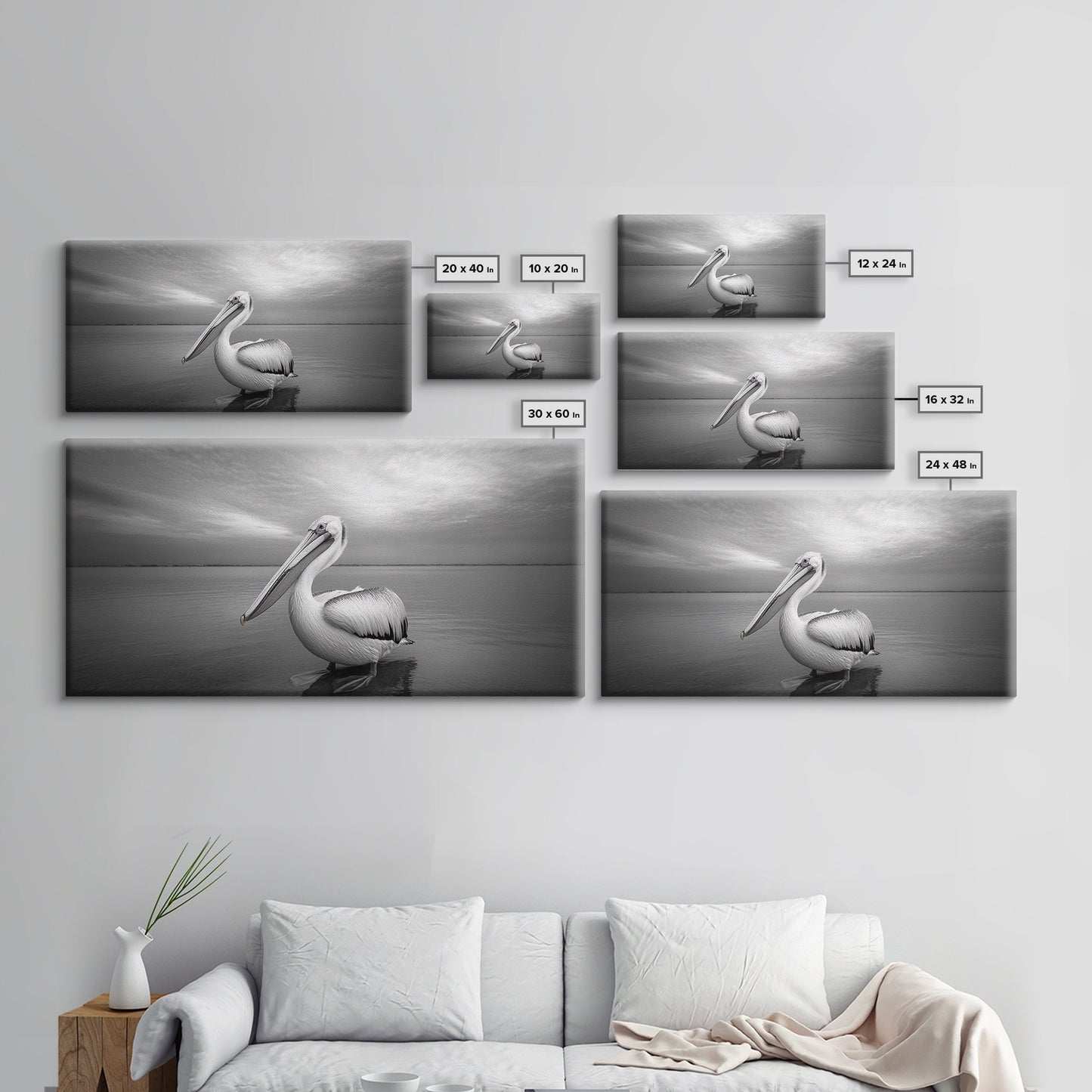 Ocean Pelican, Peaceful Bird Portrait, Coastal Wildlife Art, Framed Canvas Print, Minimalist Entryway or Beach House Wall Art