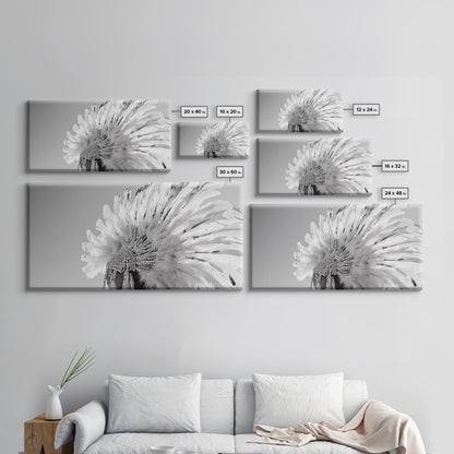 Native Headdress, Feather Crown, Cultural Tribute, Canvas Print, Boho Tribal Decor, Bedroom Wall Art, Monochrome Indigenous Style