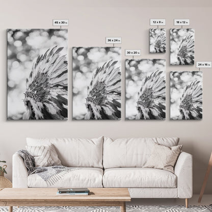 Feather Headdress, Native Style, Tribal Detail, Canvas Print, Boho Wall Decor, Cultural Art, Bedroom Accent, Earthy Minimalism