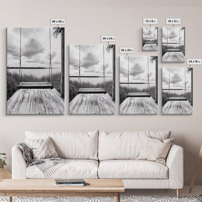 Lake Swing, Cloudy Sky, Calm View, Framed Canvas Print, Farmhouse Wall Art, Serene Kitchen Decor, Rustic Black and White Photography