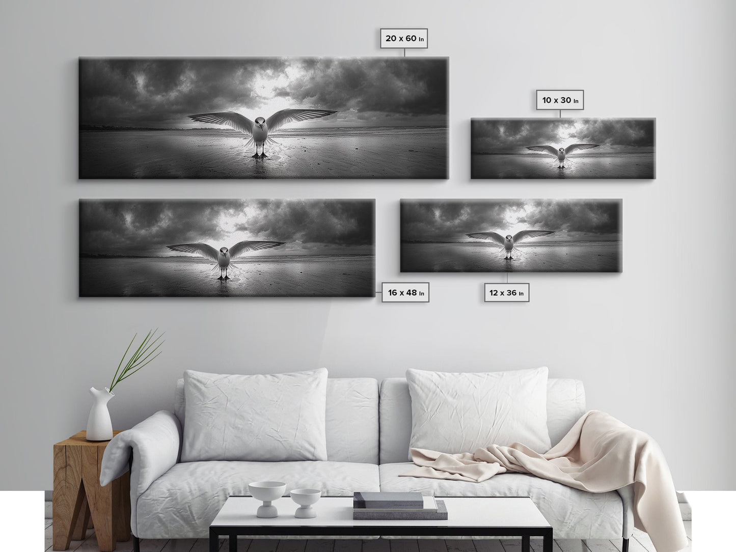 Winged Bird Beach, Coastal Sunrise, Dramatic Flight, Canvas Print, Beach House Decor, Living Room Wall Art, Nature Photography