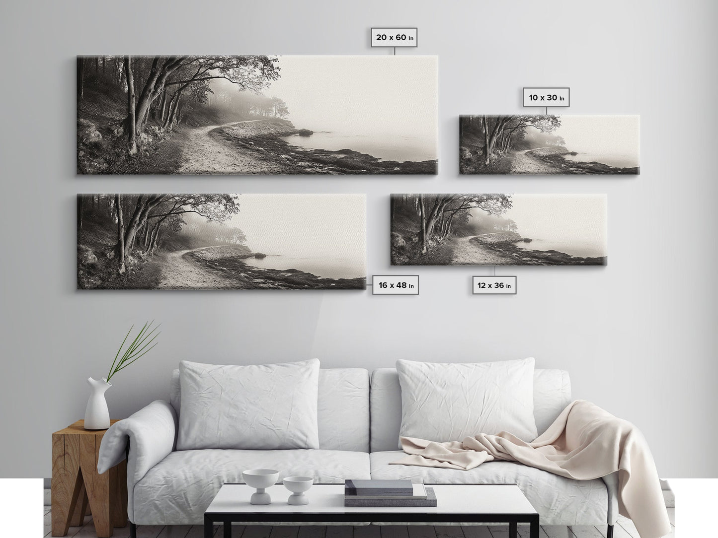 Forest Path, Misty Woods, Quiet Trail, Coastal Fog, Framed Canvas Print, Scandinavian Decor, Entryway Art, Minimal Nature Photography