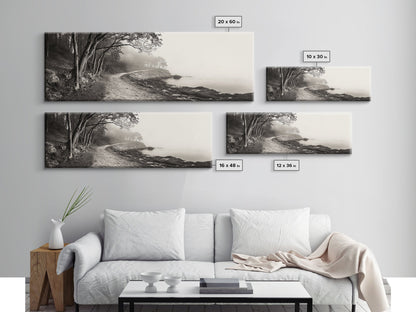 Forest Path, Misty Woods, Quiet Trail, Coastal Fog, Framed Canvas Print, Scandinavian Decor, Entryway Art, Minimal Nature Photography