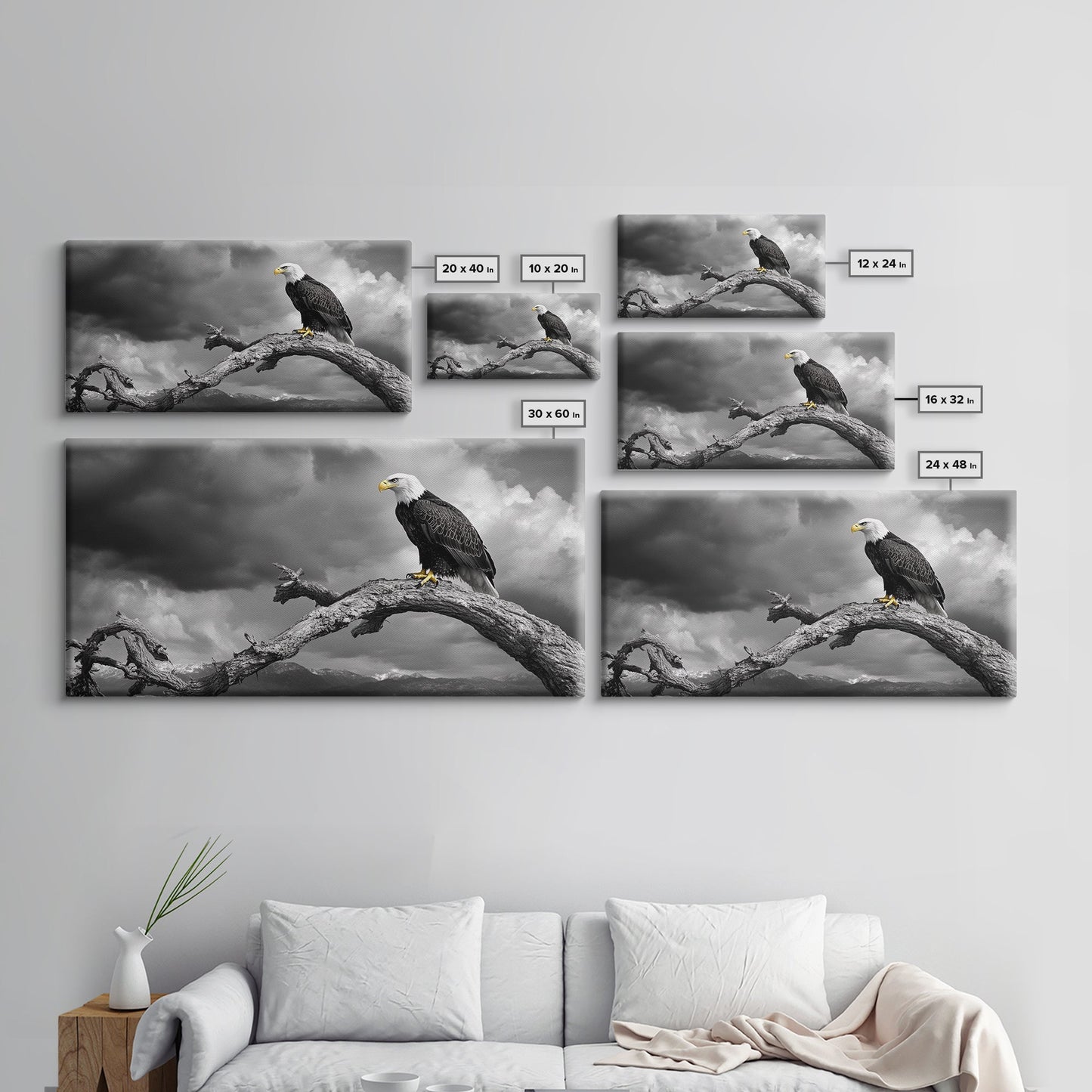 Eagle, Branch, Storm, Power and grace collide in this Framed Canvas Print of a majestic eagle perched before a storm, Living Room Wall Art