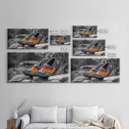 Native Beaded Shoes, Color Pop, Bohemian Style, Tribal Art, Framed Canvas Print, Rustic Wall Art, Entryway Decor, Ethnic Home Accent
