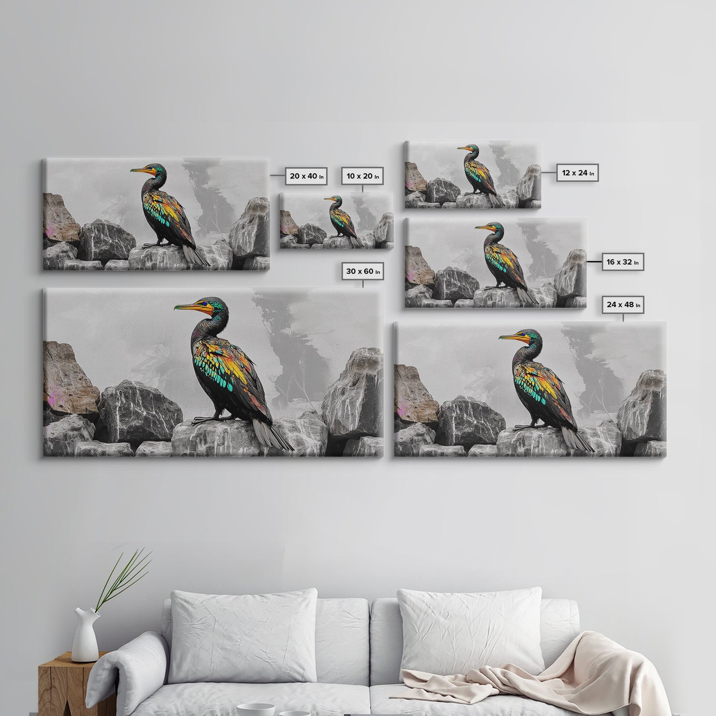 Vibrant Sea Bird, Colorful Wildlife Perch, Artistic Bird Feathers, Framed Canvas Print, Nature Wall Art, Office Decor, Boho Animal Style
