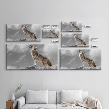 Howling Coyote Peak, Desert Wildlife Portrait, Majestic Animal Scene, Framed Canvas Print, Cabin Decor, Nature Wall Art, Minimalist Vibe
