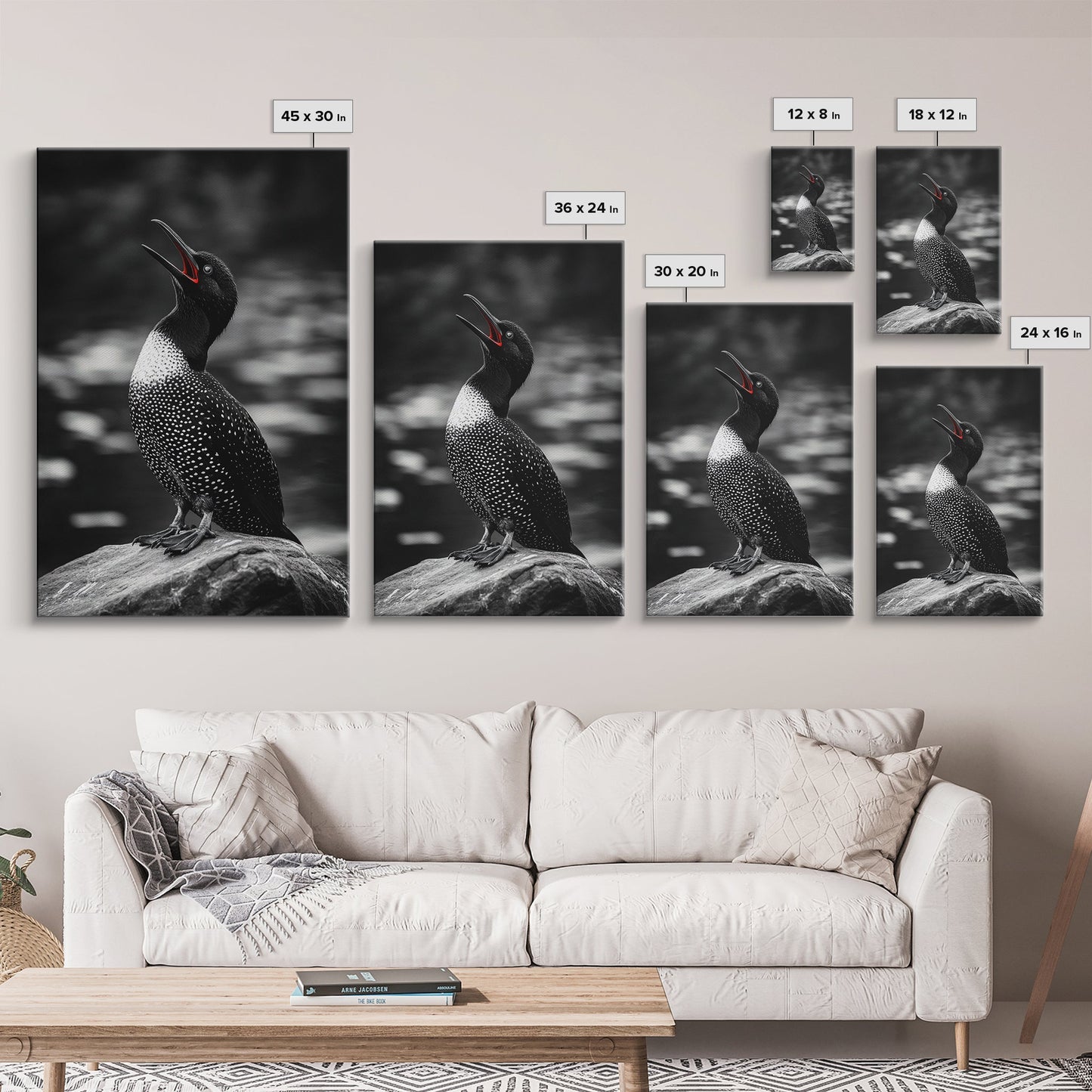 Loon Call, Singing Bird, Red Beak, Monochrome Framed Canvas Print, Wildlife Wall Decor, Bird Lover Wall Art, Rustic Cabin Accent