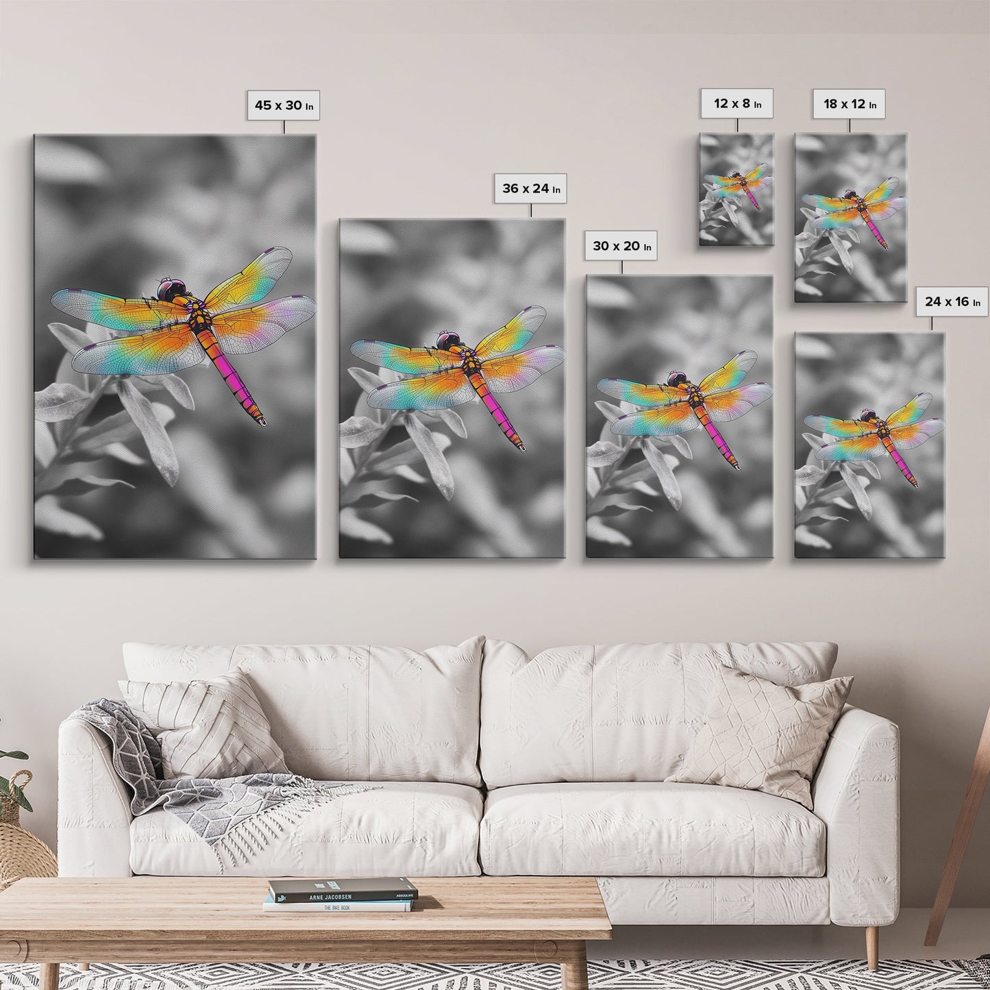 Rainbow Dragonfly, Vibrant Bug, Botanical Contrast, Framed Canvas Print, Nature Inspired Art, Bedroom Wall Decor, Whimsical Garden Accent