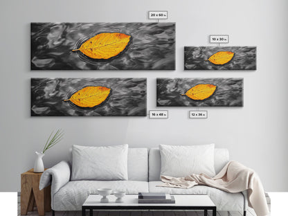 Floating Autumn Leaf, Orange Leaf on Water, Framed Canvas Print, Fall Bathroom Wall Art, Nature Closeup Photography, Minimalist Decor