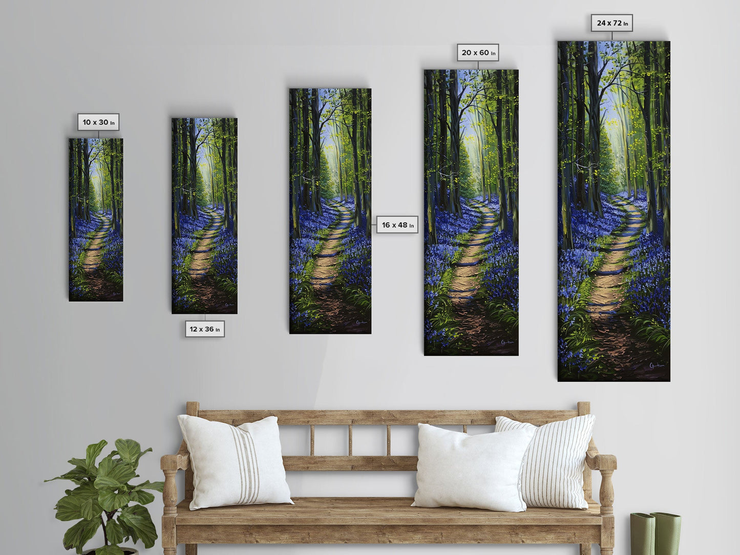 Pathway Through Enchanting Bluebell Woods in Tall Skinny Art Framed Canvas Print for Peaceful Wall Decor and Interior Design