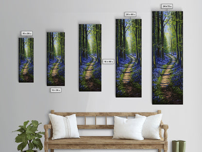 Pathway Through Enchanting Bluebell Woods in Tall Skinny Art Framed Canvas Print for Peaceful Wall Decor and Interior Design