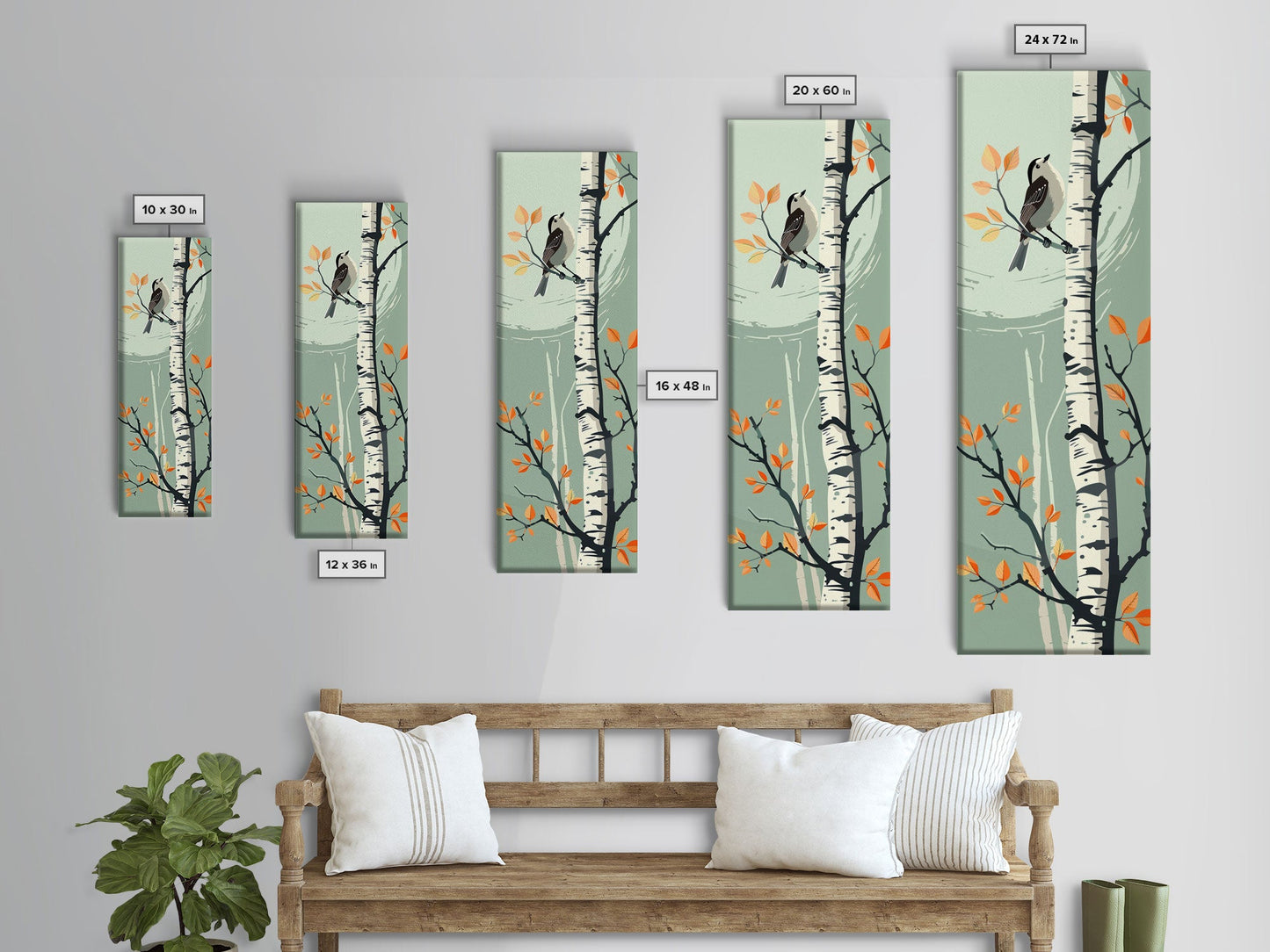 Skinny Art Bird On Birch Tree In Japanese Style Wood Block Print Autumn Tones On Framed Canvas Print, Tall Art Ukiyo-e