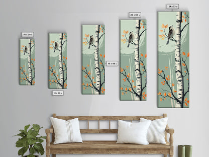 Skinny Art Bird On Birch Tree In Japanese Style Wood Block Print Autumn Tones On Framed Canvas Print, Tall Art Ukiyo-e