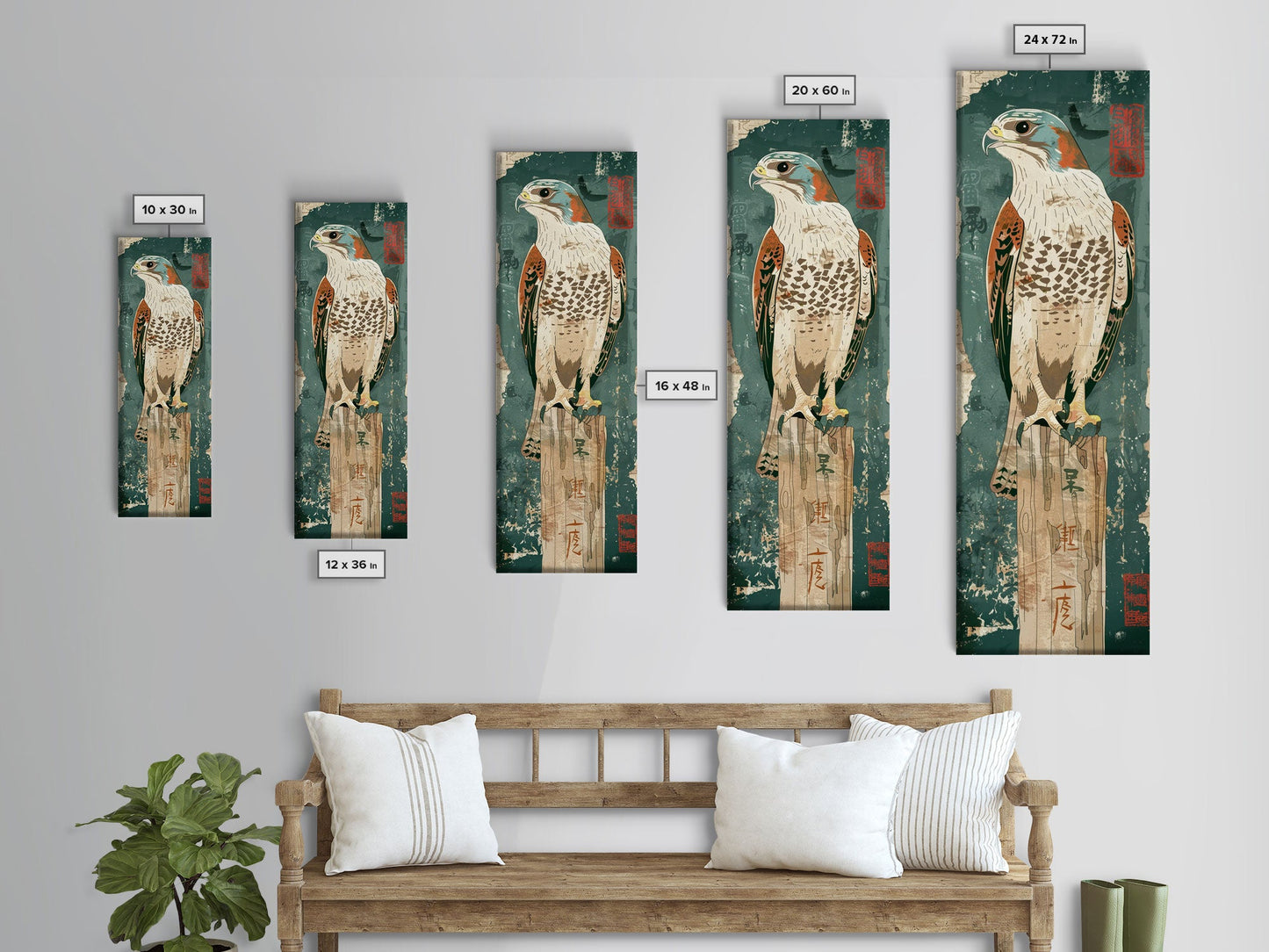 Majestic Hawk Perched On Weathered Stump Textured Background Skinny Art Tall Art Framed Canvas Print Japanese Style Art Ukiyo-e Art Wood Block Print